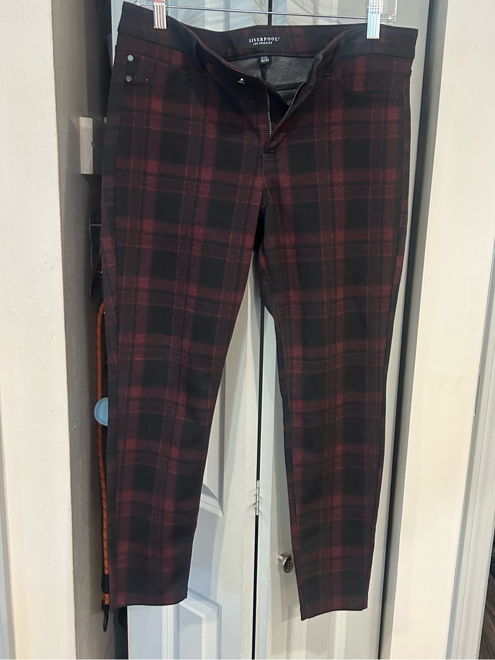 Liverpool womens Burgundy and Black Plaid stretchy pants
